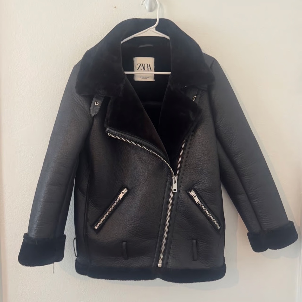 Zara Black Double Faced Biker Jacket Faux Leather Oversized Size XS